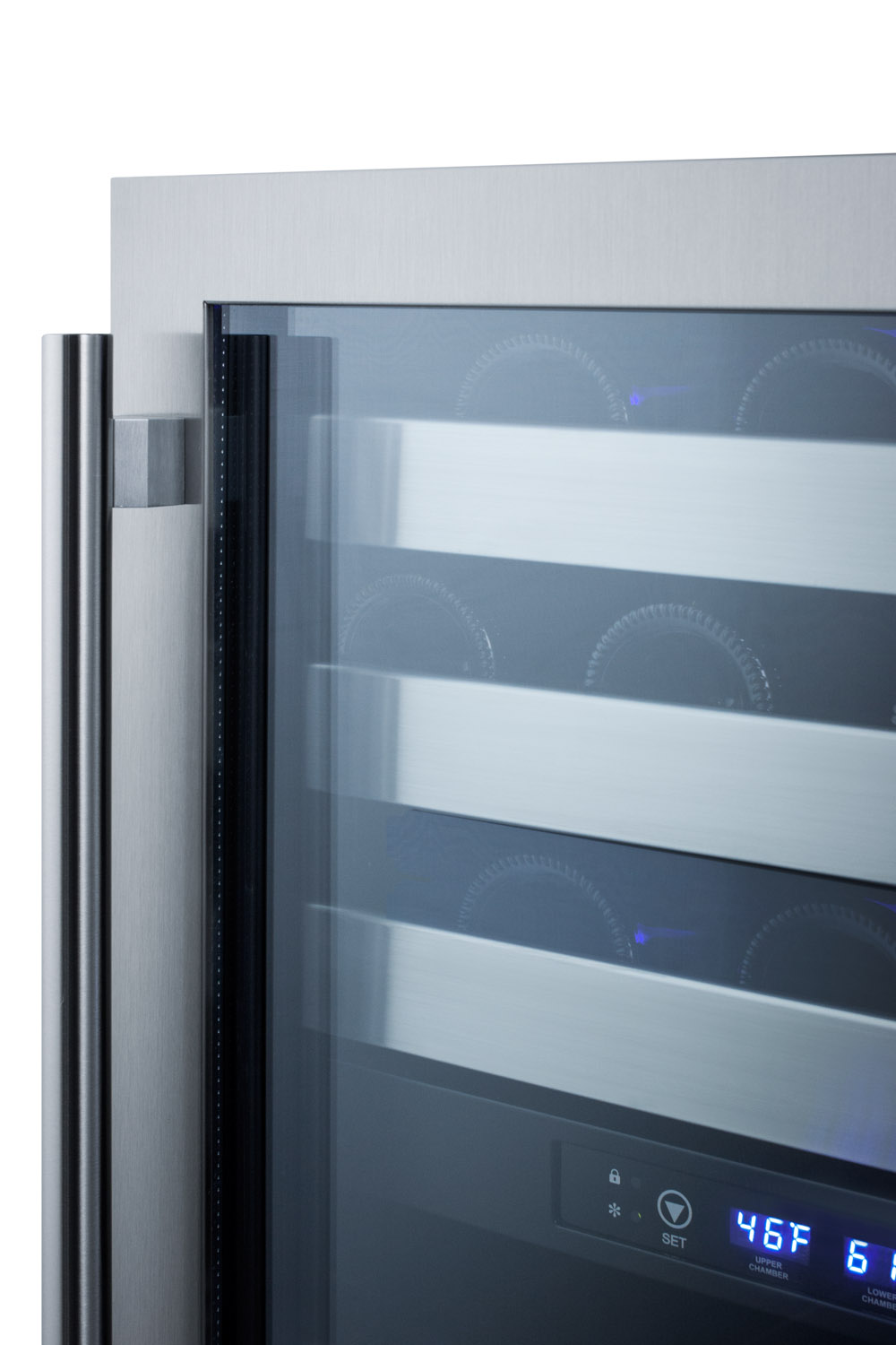 ADA compliant commercially approved dual zone built-in wine cellar with digital thermostat, seamless stainless steel trimmed glass door, and stainless steel wrapped cabinet